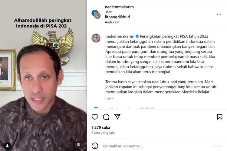 Nadiem Makarim Bersyukur dengan Kenaikan 5-6 Peringkat PISA Indonesia Tahun 2022 dari Tahun Sebelumnya